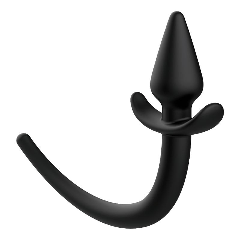 Addicted Toys Tail Anal Butt Plug silicone puppy tail plug with ergonomic base A black silicone anal plug with a tail, shown next to its packaging. The packaging has the brand name 'Addicted Toys' and the product name 'Puppy Plug Anal Silicone'.3